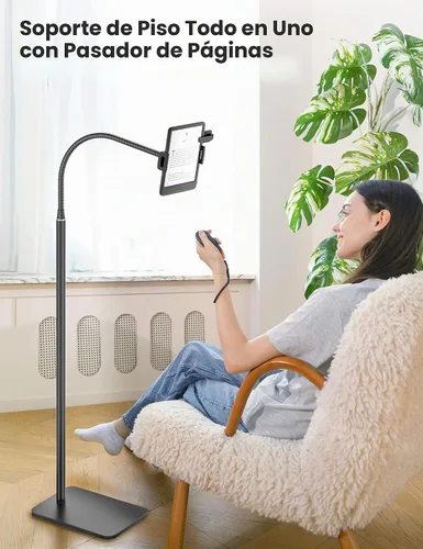 Vista 2 de VOLTIFYMAX Soporte para Kindle con girador de páginas remoto para leer en la cama, soporte para tableta con cuello de cisne ajustable, compatible