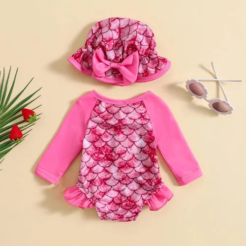Vista 33 de Traje de baño de una pieza con cremallera de manga larga para bebé niña con gorro