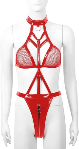 Vista 4 de Lencería sexy para mujer para sexo travieso de cuero con cremallera hueca de una pieza de peluche babydoll corsé