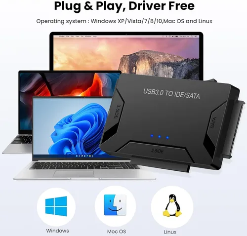 Vista 6 de Adaptador USB 3.0 a IDE SATA lector de disco duro para disco duro HDD/SSD de 2.5/3.5, cable de convección externa de ultra recuperación incluye