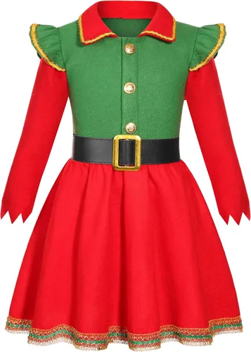 Vista 2 de Soyoekbt Disfraz de elfo de Navidad para niñas, disfraz de ayudante de Papá Noel para niñas