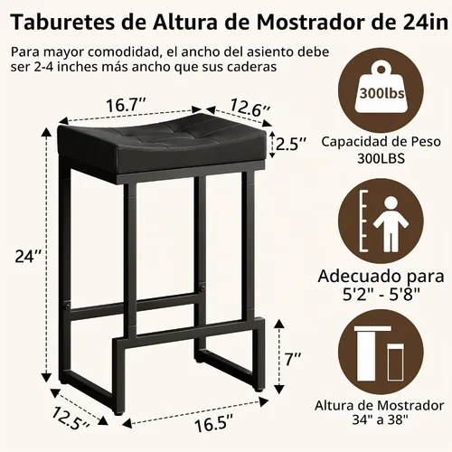 Vista 2 de FIRAVOE Juego de 2 taburetes de bar de 24 pulgadas de altura de mostrador, taburetes de bar de piel sintética para isla de cocina, taburetes de Negro