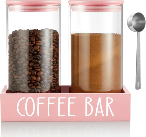 Vista 8 de Recipiente de Vidrio para Café Molido - Juego de 2 Piezas de 45oz de Recipientes para Café y Azúcar con Tapas Herméticas de Bambú y Bandeja Negra