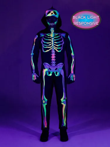 Vista 2 de Seasons Disfraz de esqueleto arcoíris con capucha para hombre, sensible a la luz negra, disfraz de cosplay de Halloween