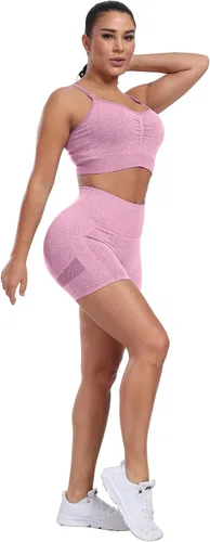 Vista 4 de CHRLEISURE Pantalones Cortos de Entrenamiento para Mujer, 4 Paquetes, Cintura Alta, Levantamiento de Glúteos con Fruncido, Pantalones Cortos Booty