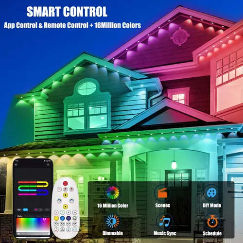 Vista 2 de Luces permanentes para exteriores de 50 pies con 30 luces LED RGB inteligentes, control remoto, aplicación/control remoto, impermeable IP67