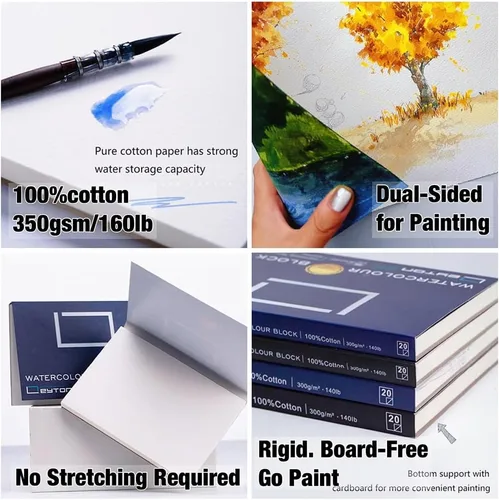 Vista 5 de Bloque de Papel para Acuarela 100% Algodón sin Deformación - 20 Hojas de 160 lb/350 gsm Prensado en Frío Suministros de Arte Acuarela para Pintura