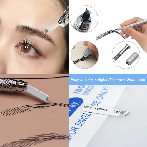 Vista 2 de Pinkiou Microblading Needles - Cuchillas para tatuaje de cejas para maquillaje permanente, 14 pines, suministros de microblade