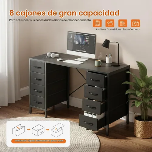 Vista 4 de Sweetcrispy - Escritorio para computadora y juegos con 8 cajones de almacenamiento de tela, escritorio de 47 pulgadas para oficina en casa