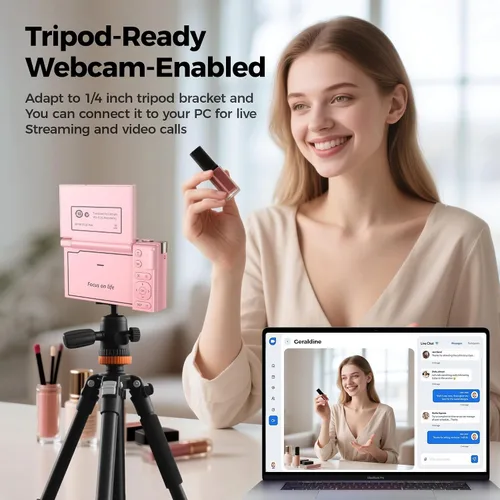 Vista 6 de Cámara digital 4K rosa para niñas adolescentes: cámara de videoblogs de 64 megapíxeles con pantalla giratoria - zoom 16X - cámara compacta linda