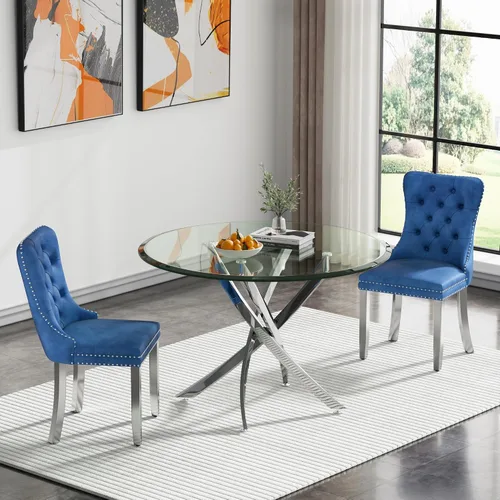 Vista 97 de Juego de mesa de comedor SSLine moderno de 3 piezas con mesa redonda de vidrio para 2, lujosa mesa de comedor circular de 36" con tapa de vidrio