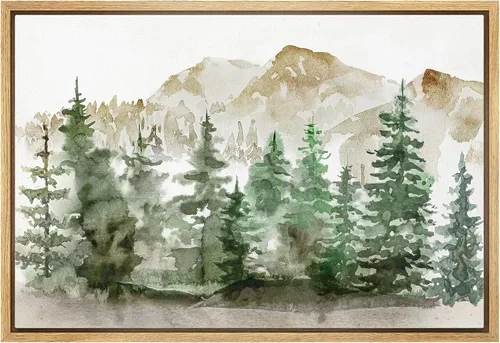 Vista 35 de wall26 Lienzo enmarcado de arte de pared, acuarela en tonos pastel, pino, árbol, bosque, lago, naturaleza, ilustraciones de área silvestre, arte