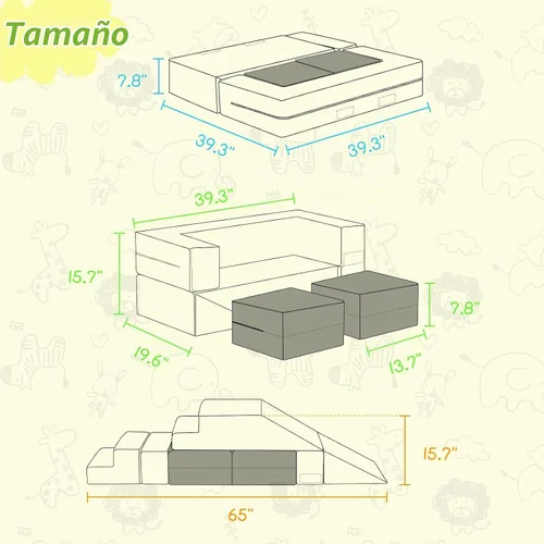 Vista 2 de Bloques de escalada de espuma para niños pequeños Sofá modular para niños con 2 otomanas en interiores, juego plegable suave para gatear