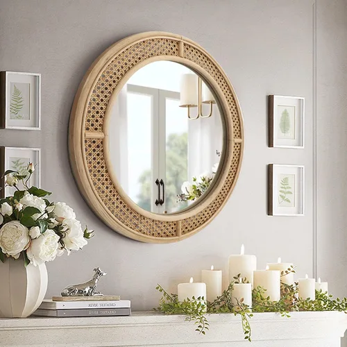 Vista 5 de FLORA Espejo de pared redondo de ratán con marco de madera, espejo Espejo decorativo bohemio moderno para baño, entrada, sala de estar, dormitorio