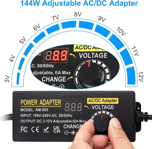 Vista 3 de Fuente de alimentación de CC ajustable, adaptador de corriente universal Auplf 3V ~ 12V 12A 144W Adaptador de CA/CC Variable Fuente de alimentación