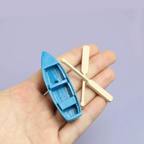 Vista 3 de Framendino, 2 juegos de mini bote de remos pequeño barco de madera con remos para accesorios de jardín de hadas