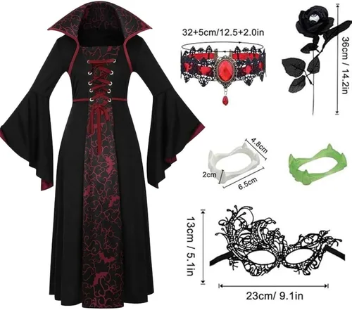 Vista 2 de Disfraz de vampiro para niñas, 6 piezas, disfraz real de Halloween A01 Rojo