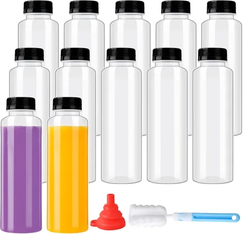 Vista 11 de zmybcpack Paquete de 24 botellas de jugo de plástico de polipropileno de 3.4 fl oz resistentes al calor con tapas, botellas de chupito de plástico
