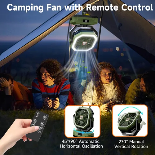 Vista 4 de Sireck Ventilador de camping recargable portátil de 10.8 pulgadas, verde Funciona con batería de 40000 mAh, luz LED, pantalla digital