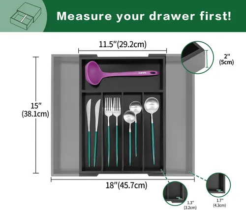 Vista 2 de Utoplike Organizador de cajones de cubiertos de bambú, organizador de cajones de utensilios de cocina expandibles, separadores de bandeja de Negro