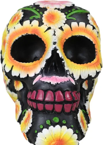 Vista 3 de Ebros Gift Figura negra del Día de los Muertos metálicos coloridos girasoles brillantes, flores florales, calavera de azúcar, estatua de calaveras