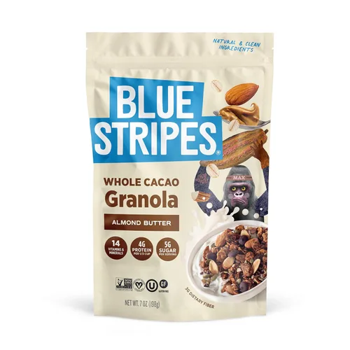 Vista 7 de Blue Stripes Granola de cacao entero con mantequilla de maní y plátano, 8 onzas
