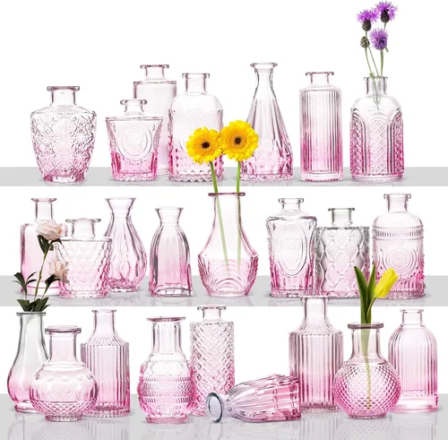 Vista 9 de Juego de jarrones de cristal, 24 jarrones pequeños para arreglos florales, bonito jarrón a granel para decoración de mesa de centro de mesa
