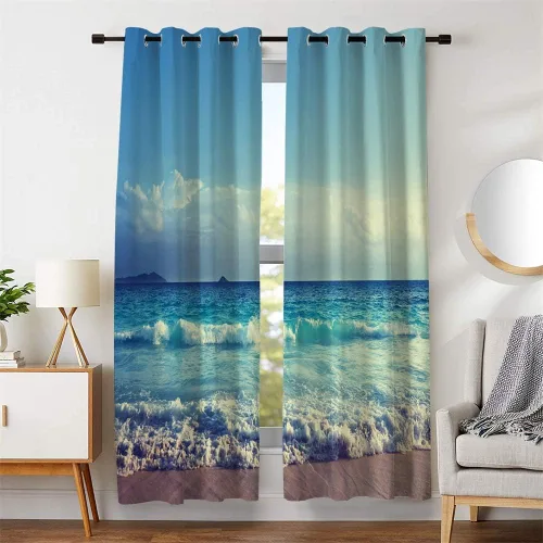 Vista 7 de Cortina opaca con ondas oceánicas, cortina para ventana de playa, 2 paneles para dormitorio, sala de estar, cocina, 52 x 63 pulgadas