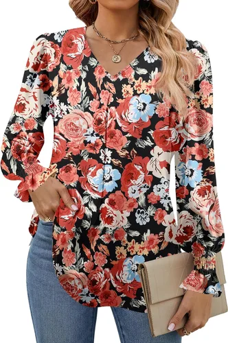 Vista 11 de Funlingo Blusas de mujer con mangas largas 2025, elegantes y casuales, con cuello en V, túnica suelta de gasa para el trabajo