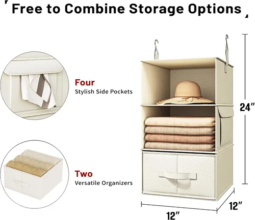 Vista 3 de Vailando Organizador de Armario Colgante de 3 Estantes, Juego de 2 Estantes Colgantes con 2 Cajones para Vestidor, Guardería, Almacenamiento y Beige