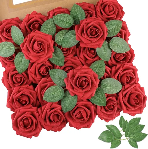 Vista 10 de AmyHomie 25 flores artificiales de aspecto real con tallo de rosa beige
