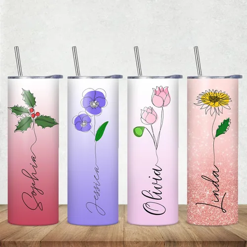 Vista 13 de Regalos personalizados para mujeres, vaso delgado personalizado con nombre, flor de nacimiento, vaso aislado personalizado con tapa y pajita, regalo
