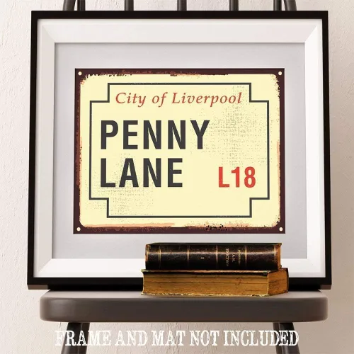 Vista 3 de Penny Lane Sign - Famous Landmark Road Place Home Decor, Rustic Metal Look Street Sign, Great Travel Accessories and Tourist Gift, 11x14 Unframed