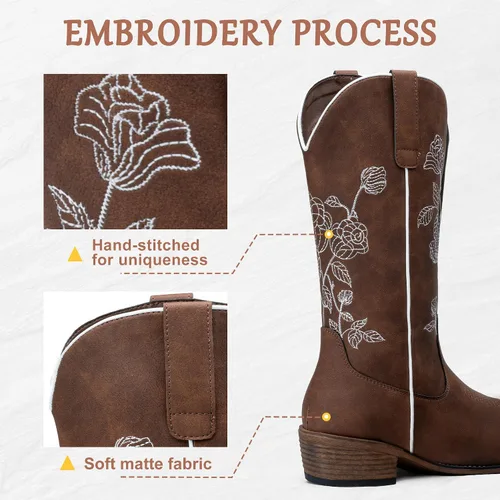 Vista 3 de Jeossy Botas vaqueras a media pantorrilla con bordado de flores, tacón bajo, botas vaqueras occidentales 9807 para mujer