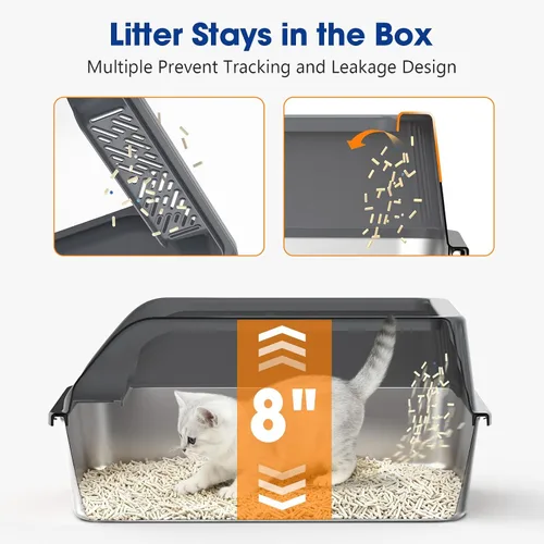 Vista 3 de Pequeña caja de arena de acero inoxidable con tapa para gatitos, cajas de arena de metal para gatos con laterales altos cerradas para gatos