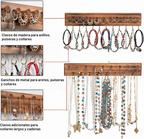 Vista 6 de Organizador de pendientes de madera, organizador de joyas de pared Brown+black