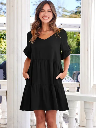 Vista 2 de ANRABESS Vestido de verano casual con cuello en V para mujer, vestido babydoll de manga corta con volantes y escalonado, mini vestido de playa