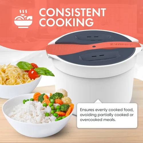 Vista 5 de Olla de Arroz de Microondas con Vaporizador y Olla para Pasta con Colador - Diseño Sin Desorden, Apto para Lavavajillas, Cocina Hasta 8 Tazas