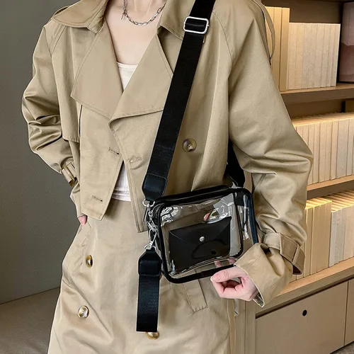 Vista 3 de Mini bolso cruzado transparente con monedero para mujer, aprobado por estadios, bolsa cuadrada de hombro Negro