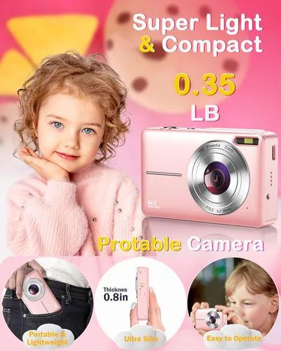 Vista 5 de Cámara digital FHD 1080P 44MP Cámaras para fotografía, cámara digital para apuntar y disparar para niños con tarjeta de 32 GB, zoom 16X