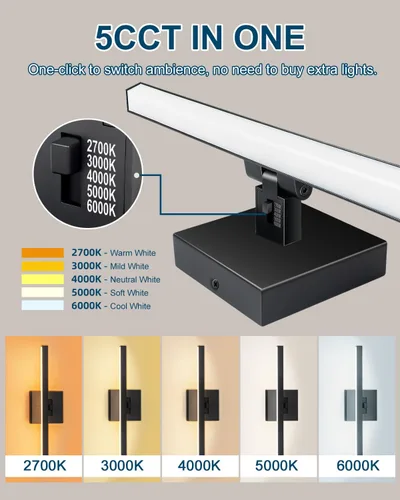 Vista 5 de Aosclex Luces de baño de 16 pulgadas sobre el espejo, giratorias, 12 W, 1080 lúmenes, 5CCT, ajustables (2700 K a 6000 K), lámparas LED regulables