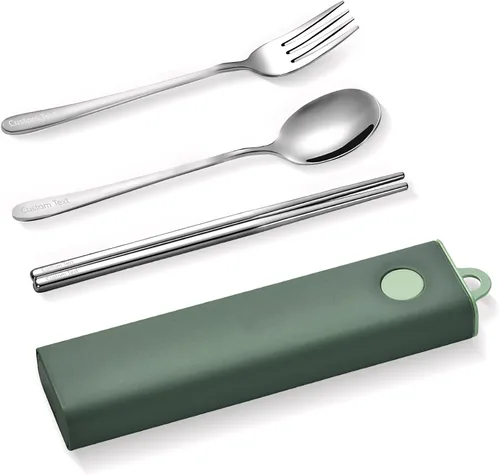 Vista 8 de Muka Juego de 3 utensilios portátiles personalizados, palillos de acero inoxidable, tenedor, cuchara de viaje con logotipo personalizado y nombre