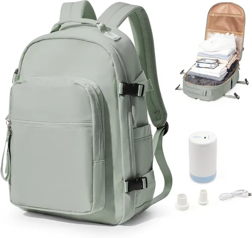 Vista 9 de Mochila de viaje grande al vacío con bomba,Mochilas para laptop para mujeres y hombres,Mochila de transporte,Bolsa de viaje para artículos Beige