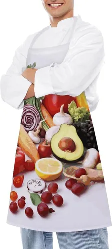 Vista 4 de MUSM Healthy Food Apron，Classic Vintage Funny with Pockets Aprons,Adjustable Bib Waterdrop Resistant for Kitchen Cooking Restaurant BBQ Painting