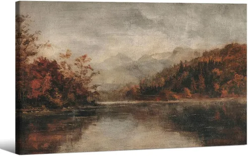 Vista 41 de Póster de paisaje campestre y lago, arte de pared de paisaje de naturaleza otoñal, 08 x 10 pulgadas, marco negro, pintura al óleo vintage de otoño