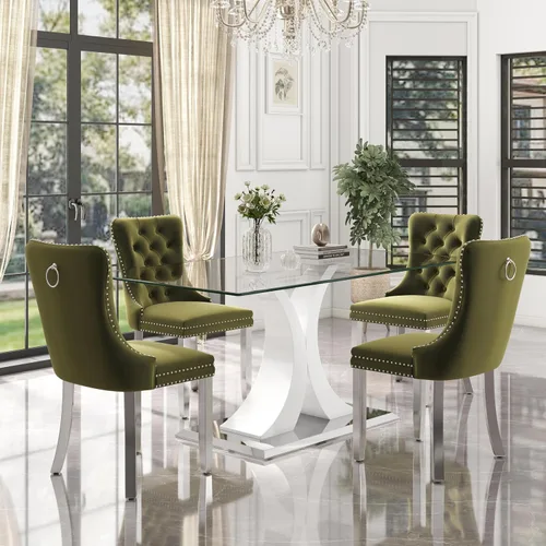 Vista 14 de Juego de comedor moderno de vidrio de lujo de 5 piezas, juego de cena rectangular minimalista grande para 4, juego de mesa de cocina de vidrio