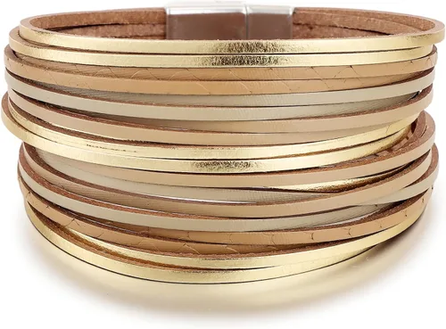 Vista 17 de Edoneery - Pulsera envolvente de cuero para mujer, brazalete de puño de múltiples capas hecho a mano estilo bohemio con cuentas de cristal
