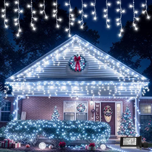 Vista 9 de Luces de carámbano azules y blancas para exteriores, tira de 400 luces LED de 33 pies para interiores, 8 modos conectables, luz de Navidad de Azul
