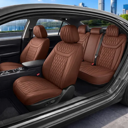 Vista 26 de MotorBox Meridian Series - Fundas de asiento de piel napa, fundas clásicas de asiento delantero, de piel sintética de alta calidad, color beige
