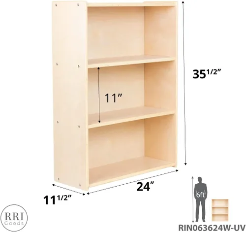 Vista 3 de Estantería de tres estantes para niños, 35.5 pulgadas de alto x 24 pulgadas de ancho x 11.5 pulgadas de profundidad, estantes resistentes de madera